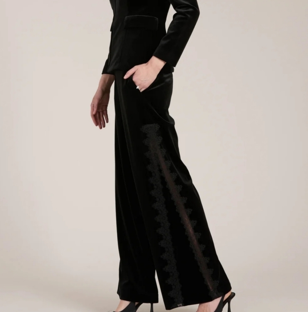 Tyler Bow Toby Elegant Black Velvet High Waisted Wide Leg Side Lace Party Pants